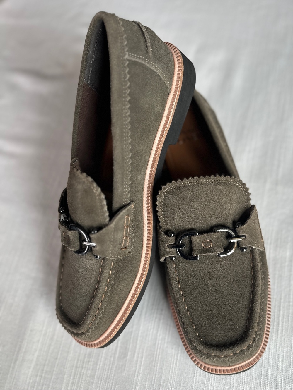 Donald Pliner Olive Green Suede Horsebit Loafers | 9.5 - Picture 2 of 8